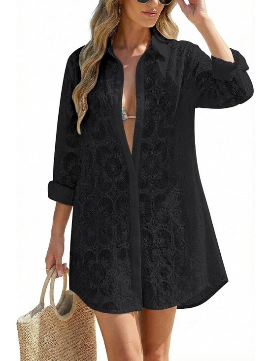 Other - Women Black Cotton CoverUp Button Down Beach Shirt Long Sleeve Swimsuit CoverUp